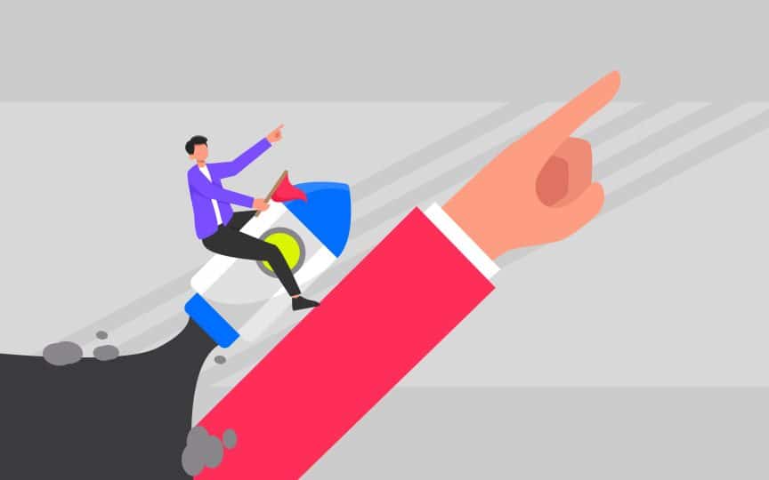 Person riding rocket on incline of helping hand.