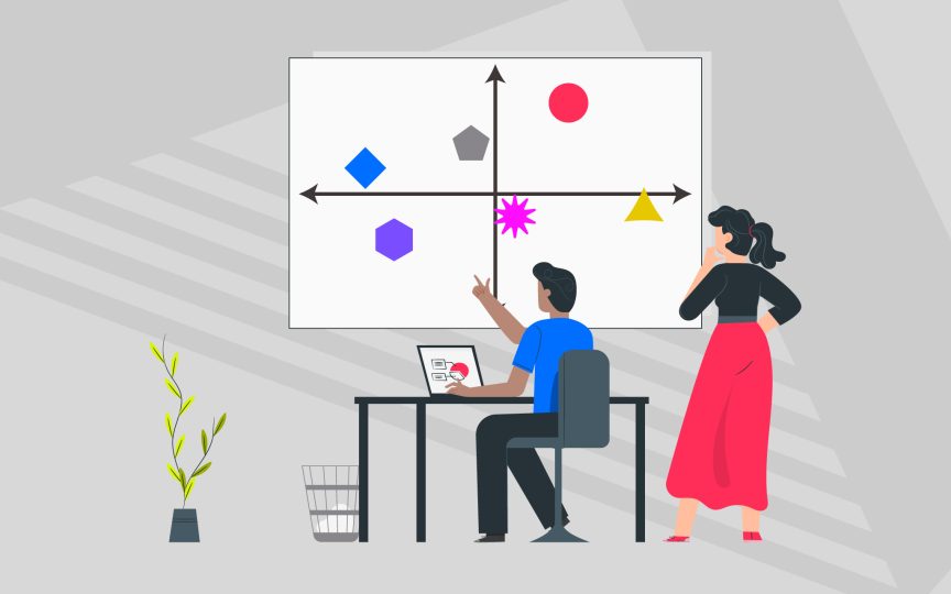 Two people analysing brand positioning map.
