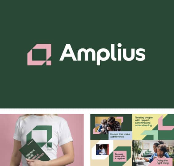 A group of three images relating to Amplius logo and merger branding.