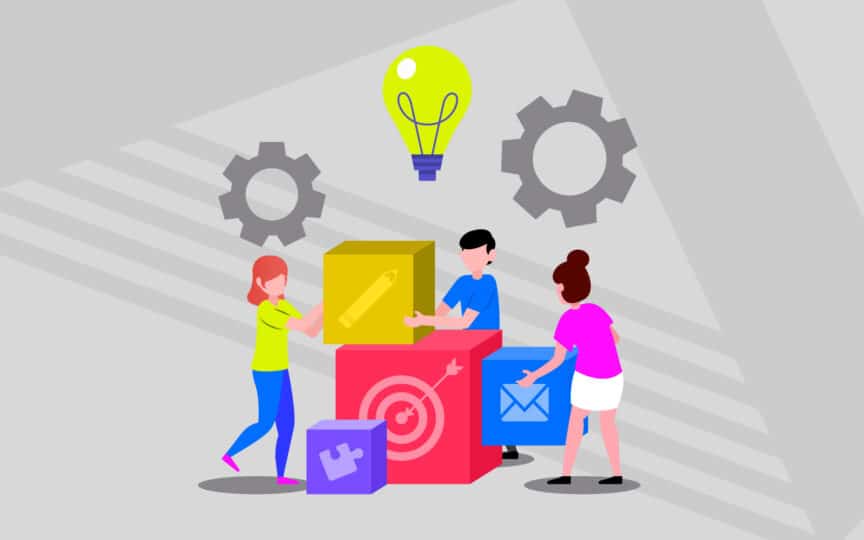 An illustration depicting a group of people stacking building blocks.