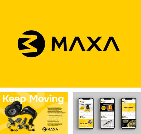A group of three images relating to MAXA Group logo and brand positioning project.