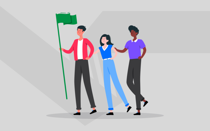 Illustration of three people walking together, with one person holding a green flag as they lead the group.