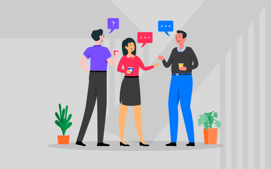 Illustration of three colleagues chatting while holding drinks, with speech bubbles above them, standing indoors near potted plants.