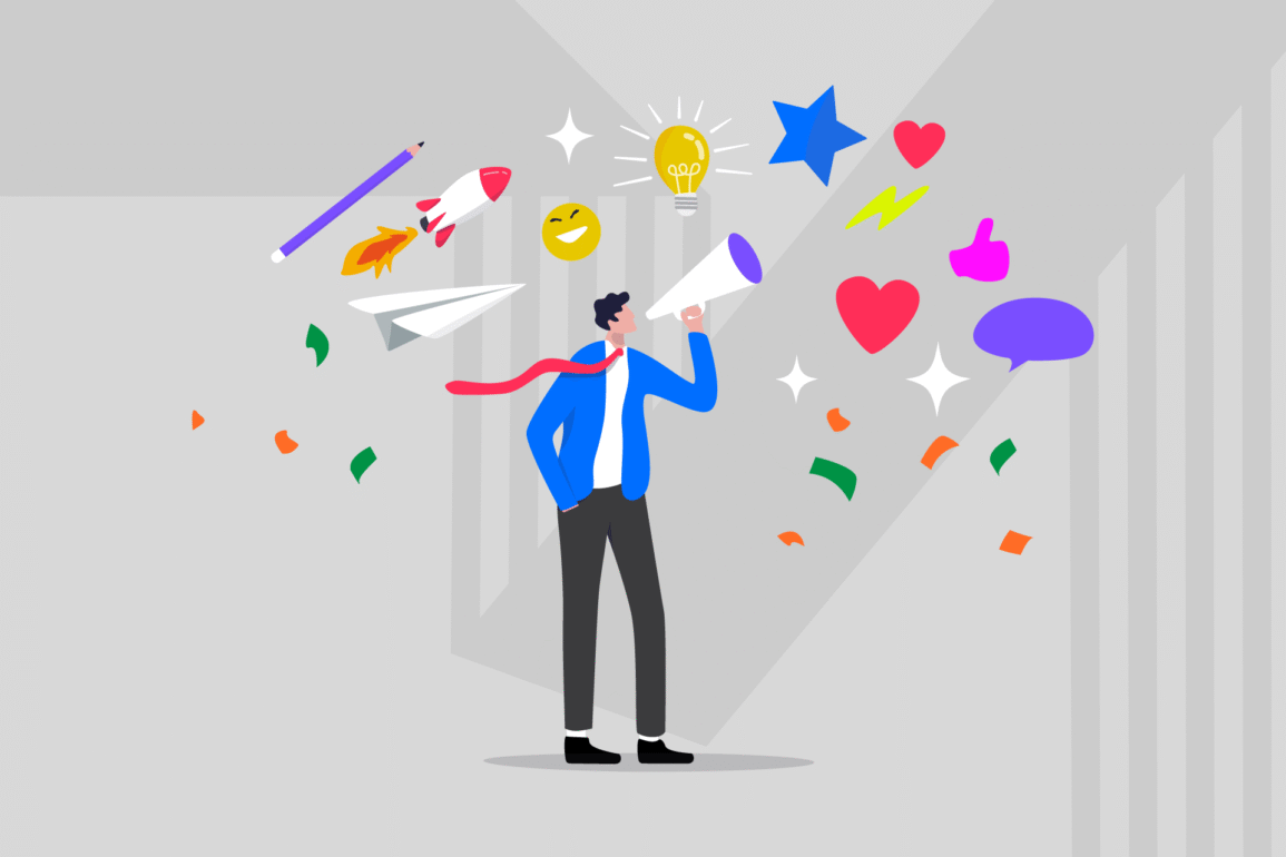 Illustration of a person speaking through a megaphone as colourful icons—such as stars, hearts, rockets, ideas, and chat bubbles—burst outward, symbolising the core principles that guide clear, consistent, and impactful brand communication.