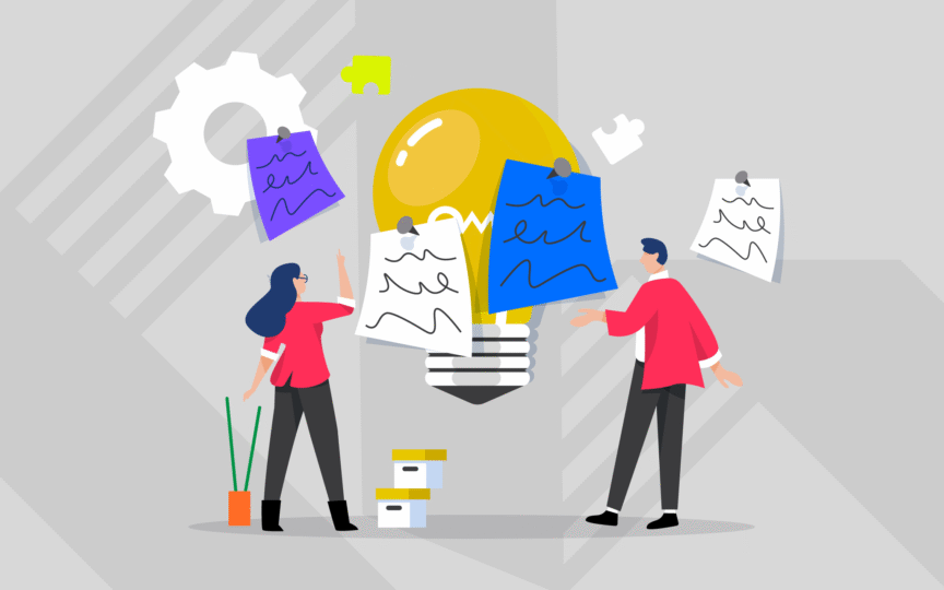 Illustration of two people placing notes around a large lightbulb, symbolizing defining ideas or principles.