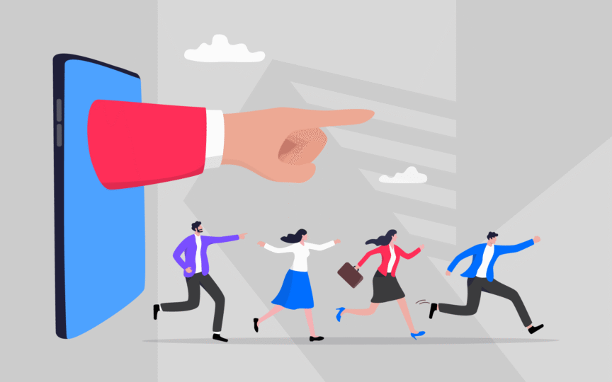 Illustration of a large hand pointing from a phone, guiding four business people running forward.