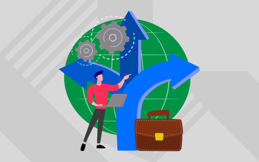 Illustration of a person navigating branching arrows with gears and a briefcase