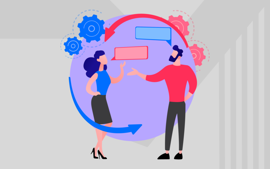 Illustration of two colleagues exchanging feedback with speech bubbles, arrows, and gears