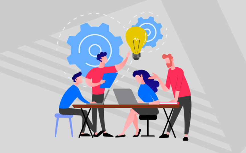 Illustration of a team collaborating at a table with gears and a lightbulb, symbolising alignment around a shared brand promise.