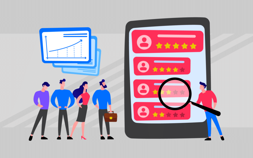 Illustration of employees reviewing performance ratings and data on a large screen