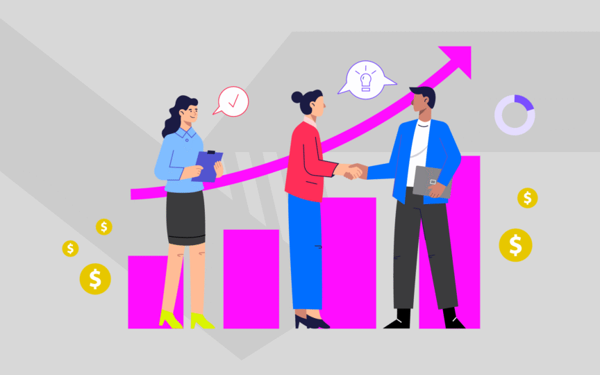 Illustration of three business people standing in front of a growing bar chart and upward arrow, symbolising success and growth. Two of them are shaking hands while another holds a clipboard, representing trust, collaboration, and the power of a strong brand promise to shape a company’s future.