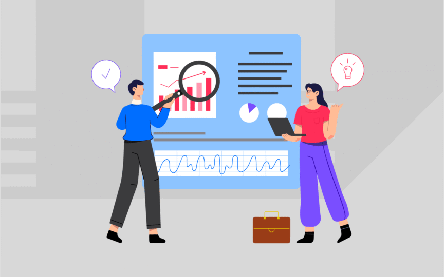 Illustration of two people analyzing data on a large screen showing graphs, charts, and performance metrics, symbolising insight and collaboration in developing brand promise examples.