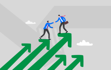 Illustration of two professionals helping each other climb upward arrows, representing successful and unsuccessful brand promise examples.