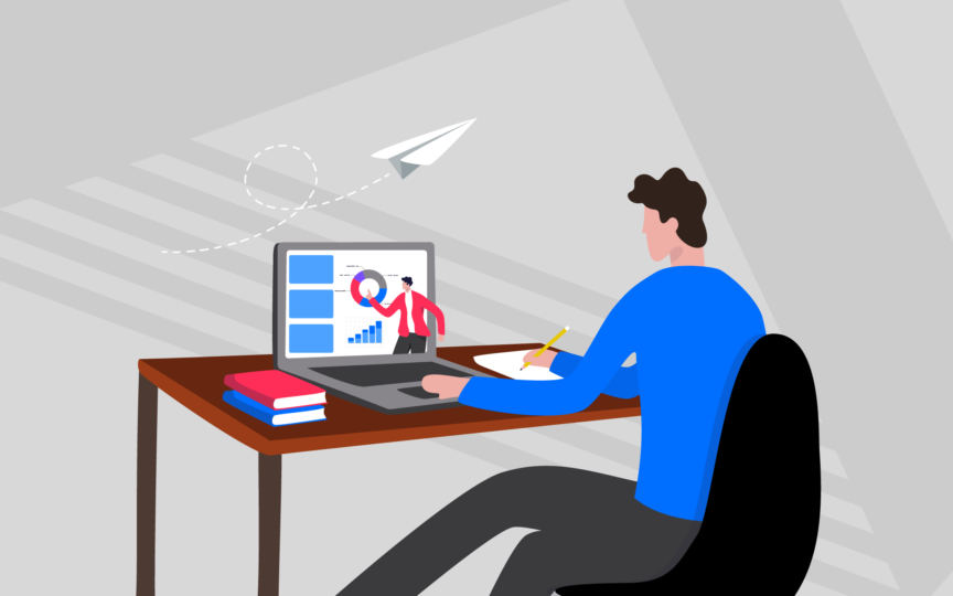 Illustration of a person at a desk reviewing charts on a laptop and taking notes, symbolising analysing insights and applying practical brand promise lessons to improve strategy and performance.