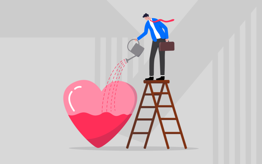 Illustration of a professional nurturing a heart symbol, representing delivering on a brand promise through trust and consistency.