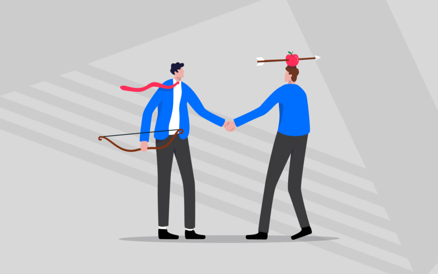 Illustration of two people shaking hands, with one holding a bow and the other balancing an apple pierced by an arrow.