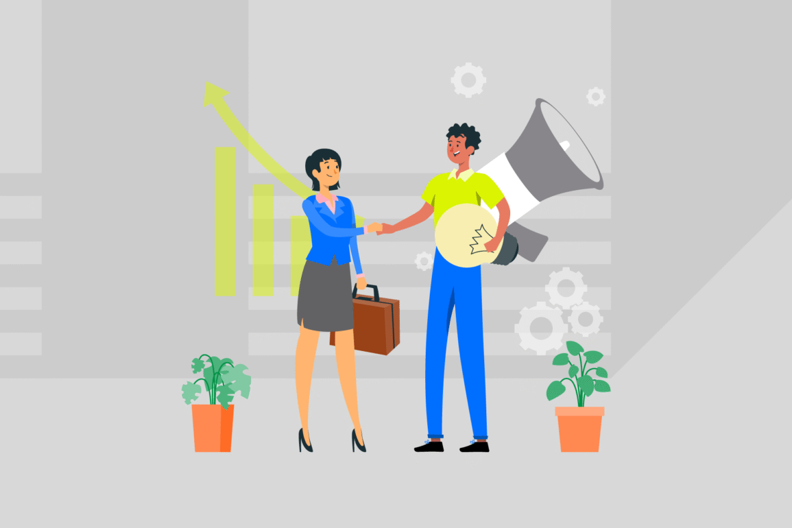 Illustration of two professionals shaking hands, one holding a megaphone and lightbulb, symbolising collaboration, communication, and shared brand vision, with growth and success icons in the background.