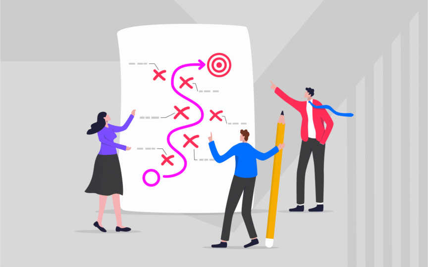 Illustration of three people planning a strategy on a large board with a path leading to a target, representing alignment, execution, and consistent delivery across all customer touchpoints.