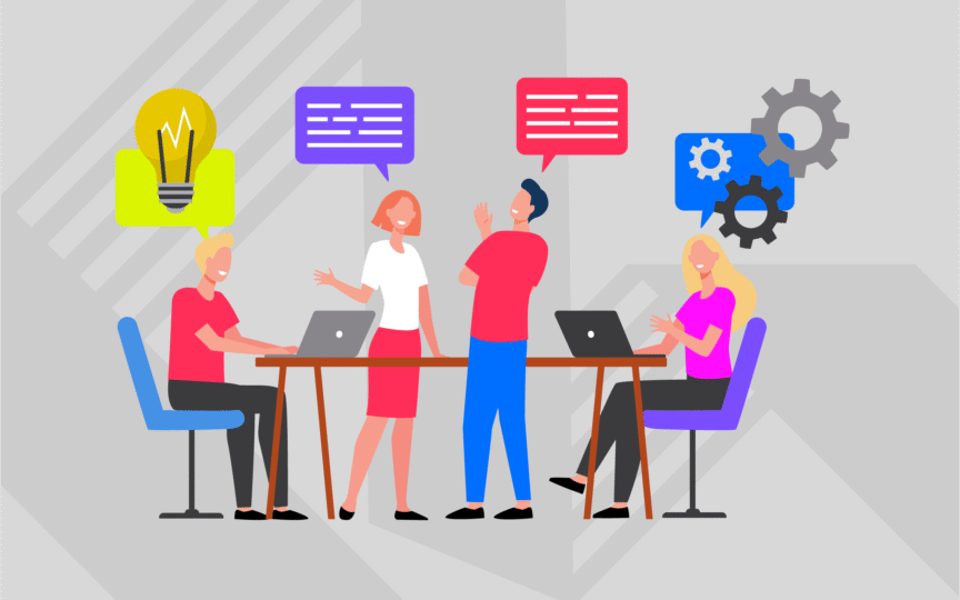 Illustration of four people collaborating at a table with laptops, sharing ideas represented by speech bubbles, gears, and a lightbulb: symbolising teamwork and strategic thinking in creating an effective brand promise.