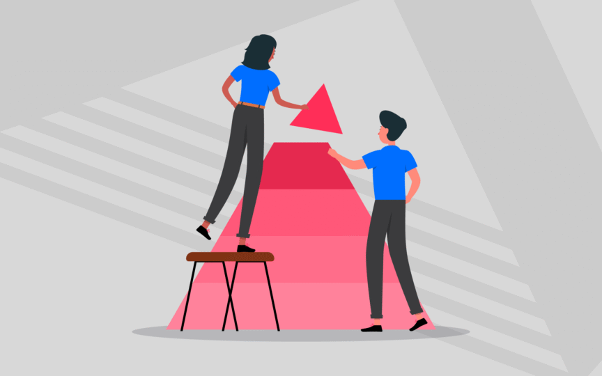 Two illustrated people place a red triangular piece onto a larger pyramid shape, symbolizing collaboration and alignment.