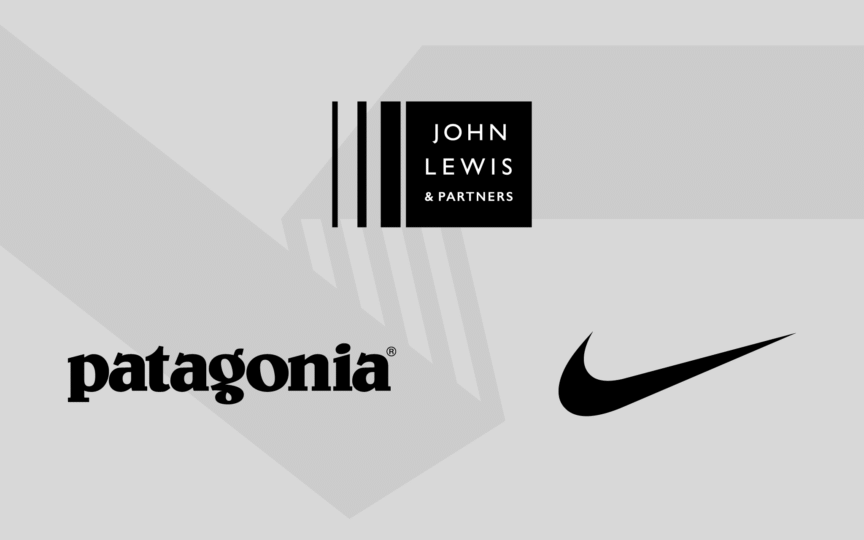 Logos of three well-known brands. John Lewis & Partners, Patagonia, and Nike.