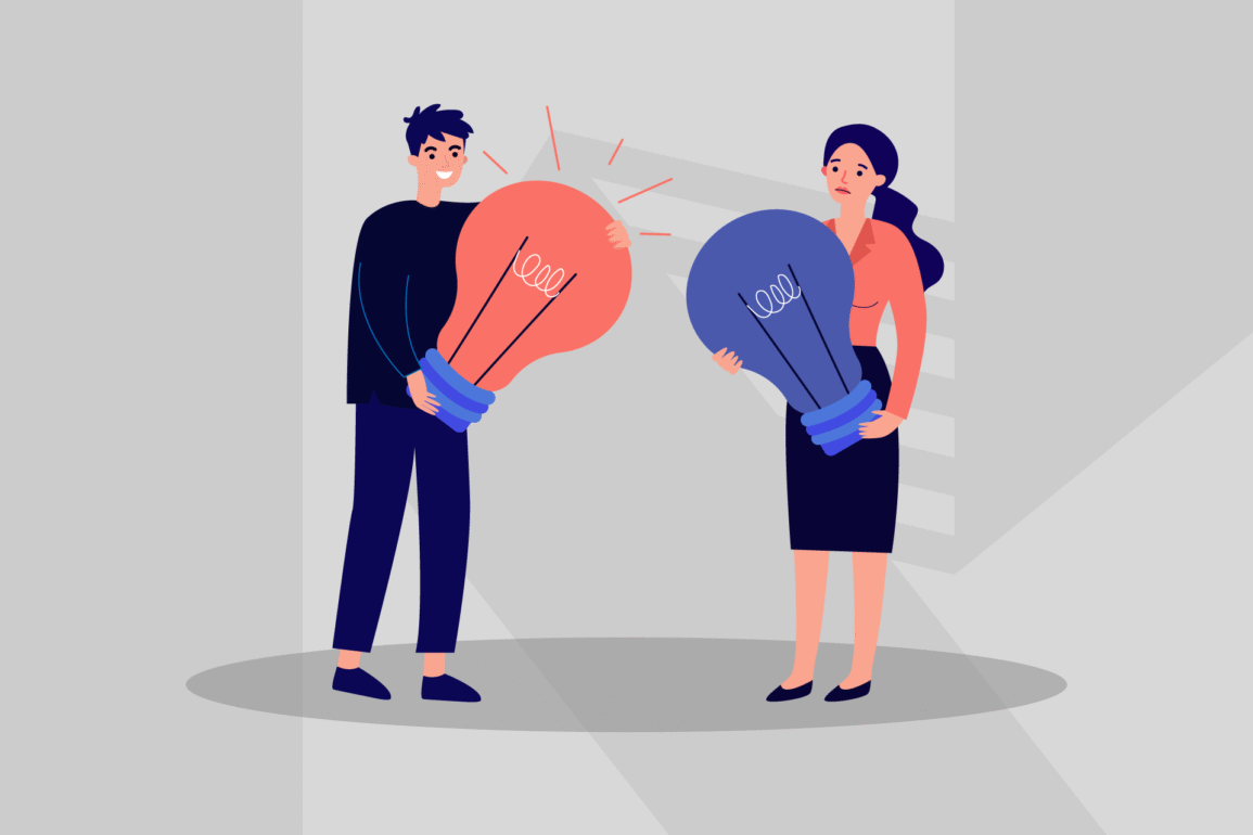 Illustration of a man holding a bright red lightbulb and a woman holding a dim blue lightbulb, symbolizing the contrast between a strong brand proposition and a weaker brand promise.