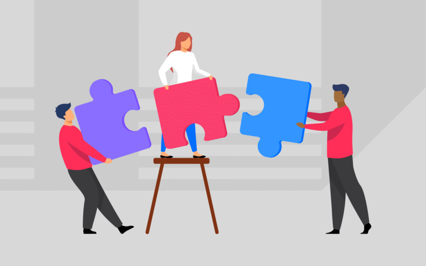 Illustration of three people assembling large puzzle pieces together, symbolizing how a brand proposition and brand promise connect to create a unified brand experience.