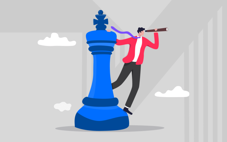 An illustrated person stands on a giant blue chess piece while looking through a telescope, symbolizing strategic clarity and long-term vision.