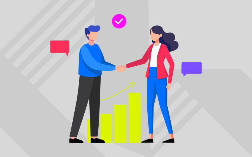Illustration of two people shaking hands in front of rising bar charts, symbolizing trust, reliability, and the commitment behind a brand promise.