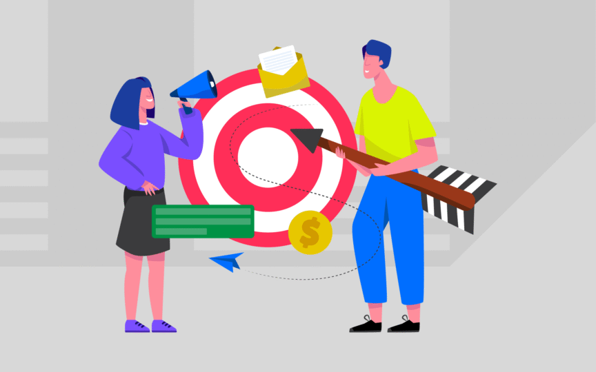 Two marketers discussing a target with icons, representing how to write a clear and actionable brand purpose statement.