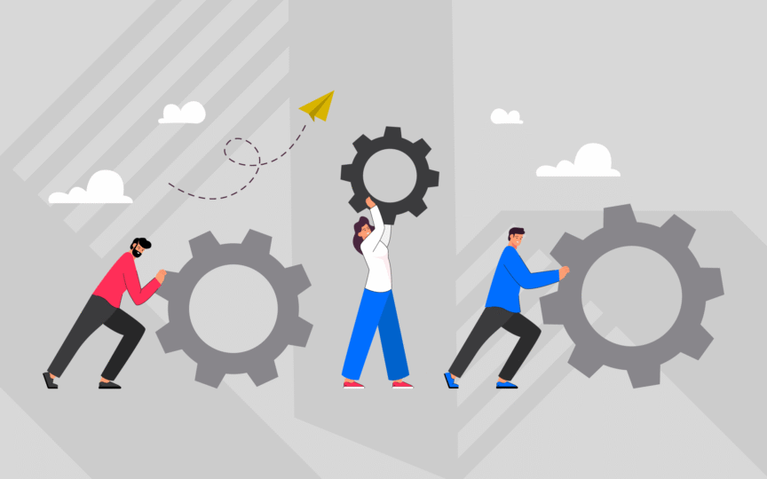 Team collaborating with gears, illustrating how to turn brand purpose from words into meaningful business practice.