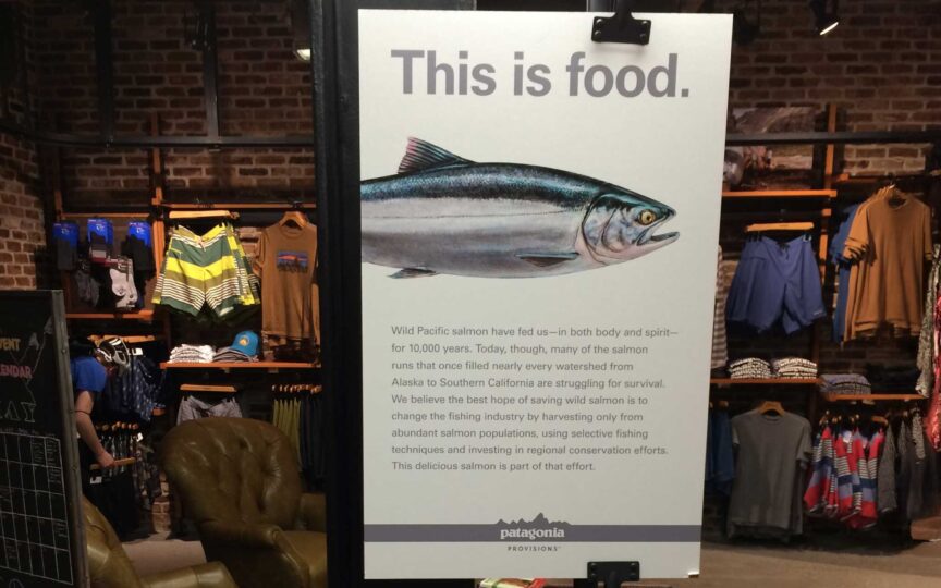 Patagonia store poster about sustainable salmon sourcing, showing the brand’s environmental responsibility in action.