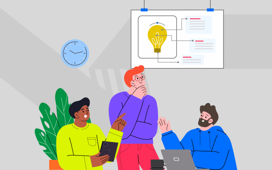 Illustration of a team discussing ideas under a lightbulb diagram, symbolising how to define a clear and actionable brand purpose statement.