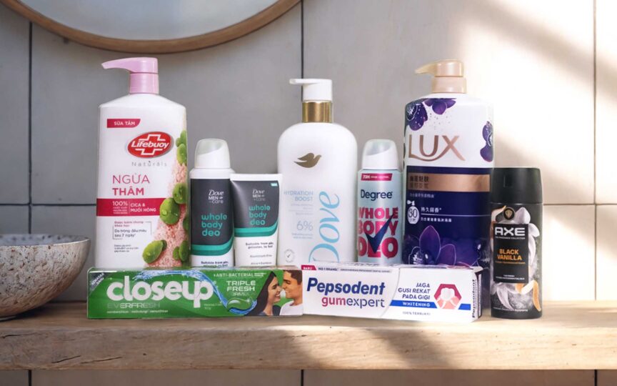 Unilever personal care products including Dove, Lifebuoy, and Axe, representing sustainable living through everyday brands.