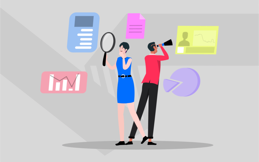 Illustration of two people analyzing data, one with a magnifying glass and the other using a telescope, surrounded by charts and documents representing research and evaluation.
