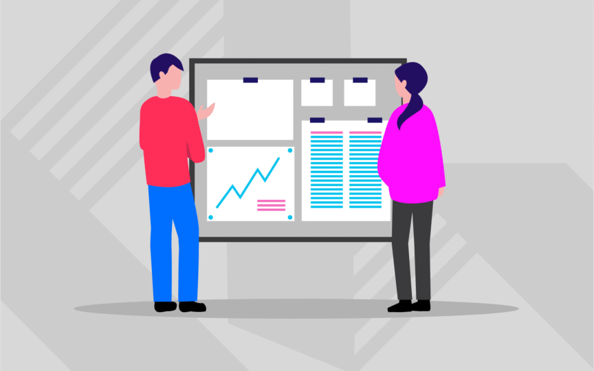 Illustration of two people discussing charts and documents on a large presentation board, symbolizing the comparison between brand purpose and brand promise.