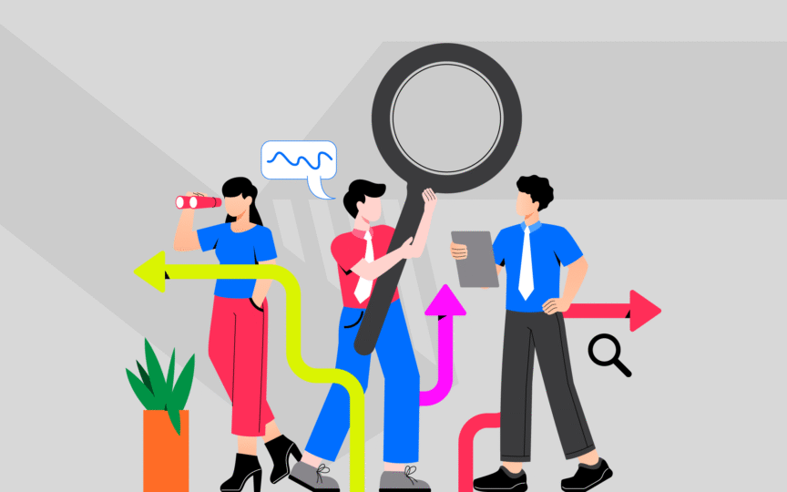 Illustration of three people analyzing data with arrows, a magnifying glass, and a tablet.