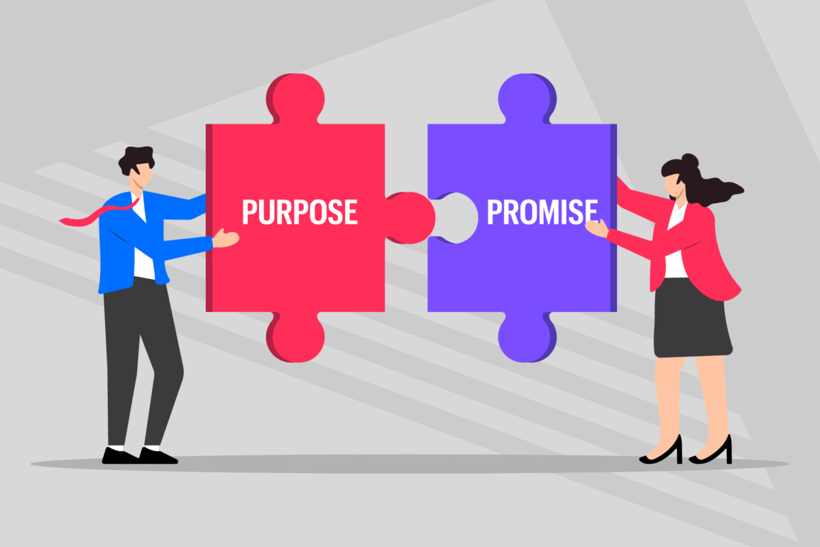 Illustration of a man and a woman connecting two large puzzle pieces labeled ‘Purpose’ and ‘Promise,’ symbolizing the connection between brand purpose and brand promise.