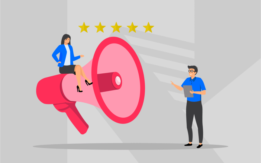 Illustration of a woman sitting on a large megaphone and a man holding a clipboard, with five gold stars above them, symbolizing brand promise and delivering high-quality customer experience.