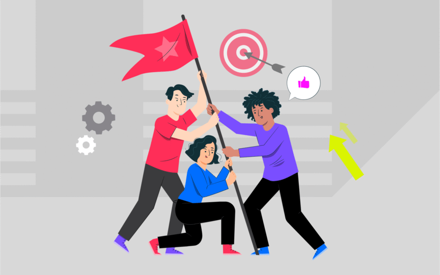 Illustration of three people working together to raise a red flag with a star, symbolizing teamwork and alignment toward shared goals.