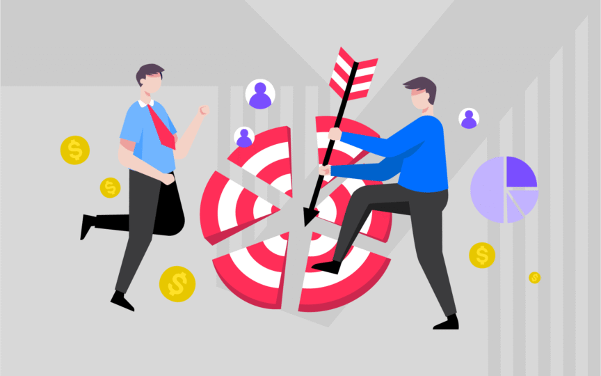 Illustration of two people standing near a broken target with an arrow through it, surrounded by dollar signs and pie charts, symbolizing a conflict or misalignment between brand purpose and brand promise.