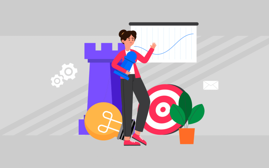 Illustration of a woman standing in an office-like setting, holding a large blue chess piece. Behind her are symbols representing strategy and growth—a purple rook chess piece, a red and white target, a light bulb, a plant, gears, and a chart showing an upward trend line.