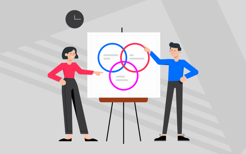 Two marketers discussing a target with icons, representing how to write a clear and actionable brand purpose statement.