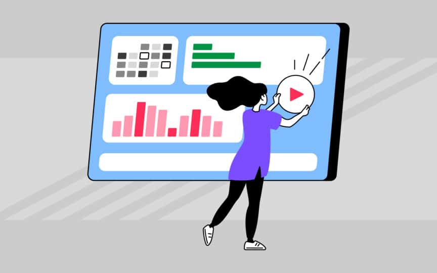 Illustration of a person interacting with a large screen displaying charts, graphs, and a play button.