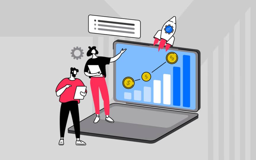 Illustration of two people reviewing a laptop screen showing rising bar charts, coins, and a rocket symbolizing growth during a brand rollout.