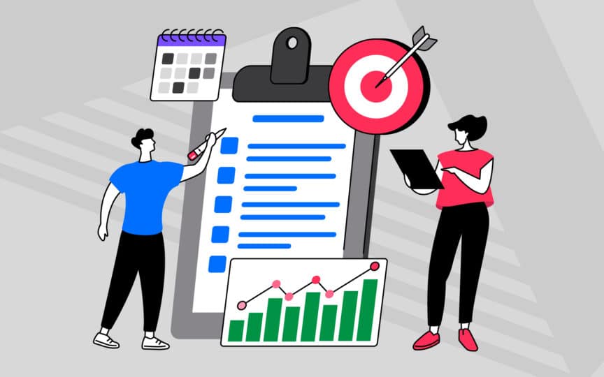 Illustration of people reviewing a checklist, calendar, and performance charts to represent a 12-week internal brand rollout plan.