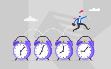 Illustration of a person leaping across alarm clocks, symbolising how brand templates speed up adoption and reduce time to execution.