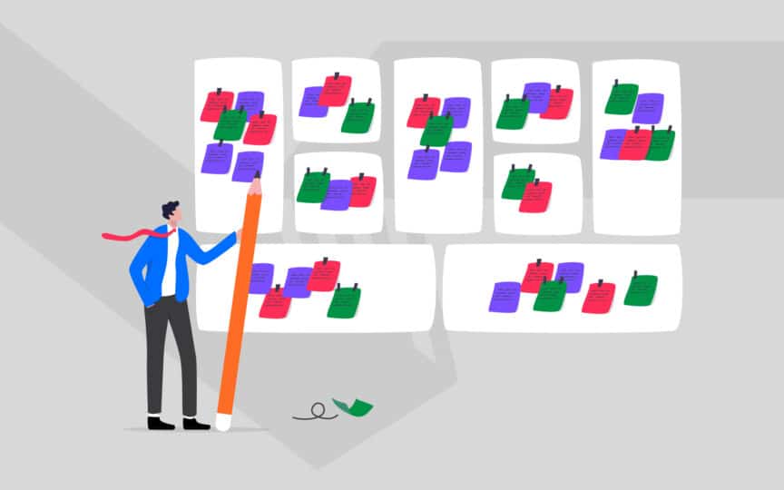 Illustration of a person organising colour-coded notes on a large board, representing a clear, well-structured brand template library.