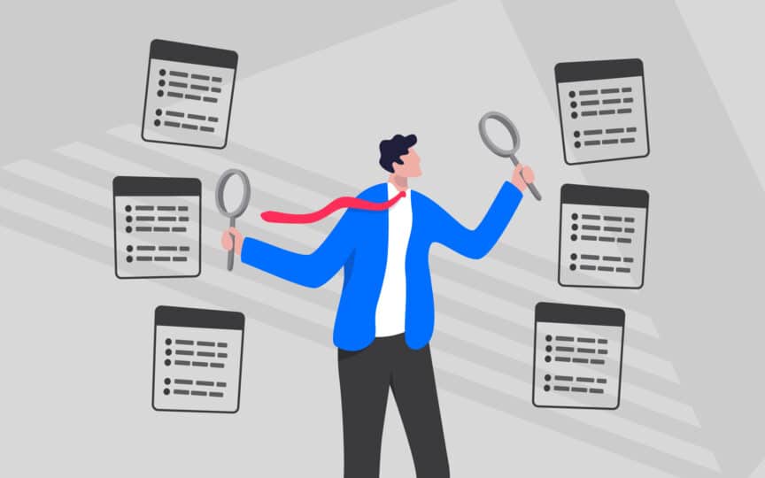 Illustration of a person reviewing multiple documents with magnifying glasses