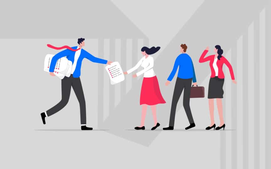 Illustration of a team sharing documents, representing brand templates enabling consistent, on-brand work in practice.